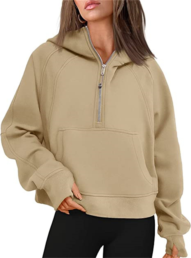 Yoga Half Zipper Scuba Hoodie Thumb Hole Thick Hooded Coat Sports Gym Fitness Women's Jacket Sweater