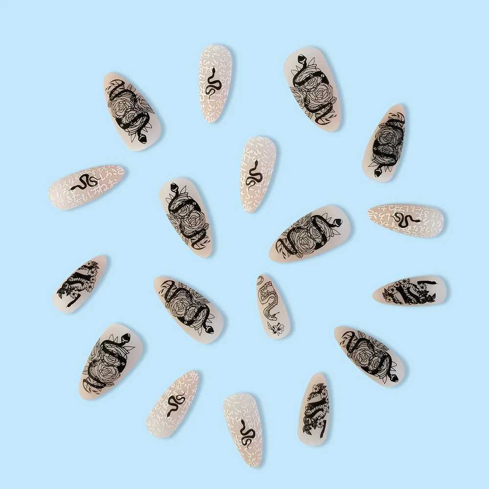 24 pieces of fake nails acrylic glue for medium and long holidays female nails (black and pink French)W241125