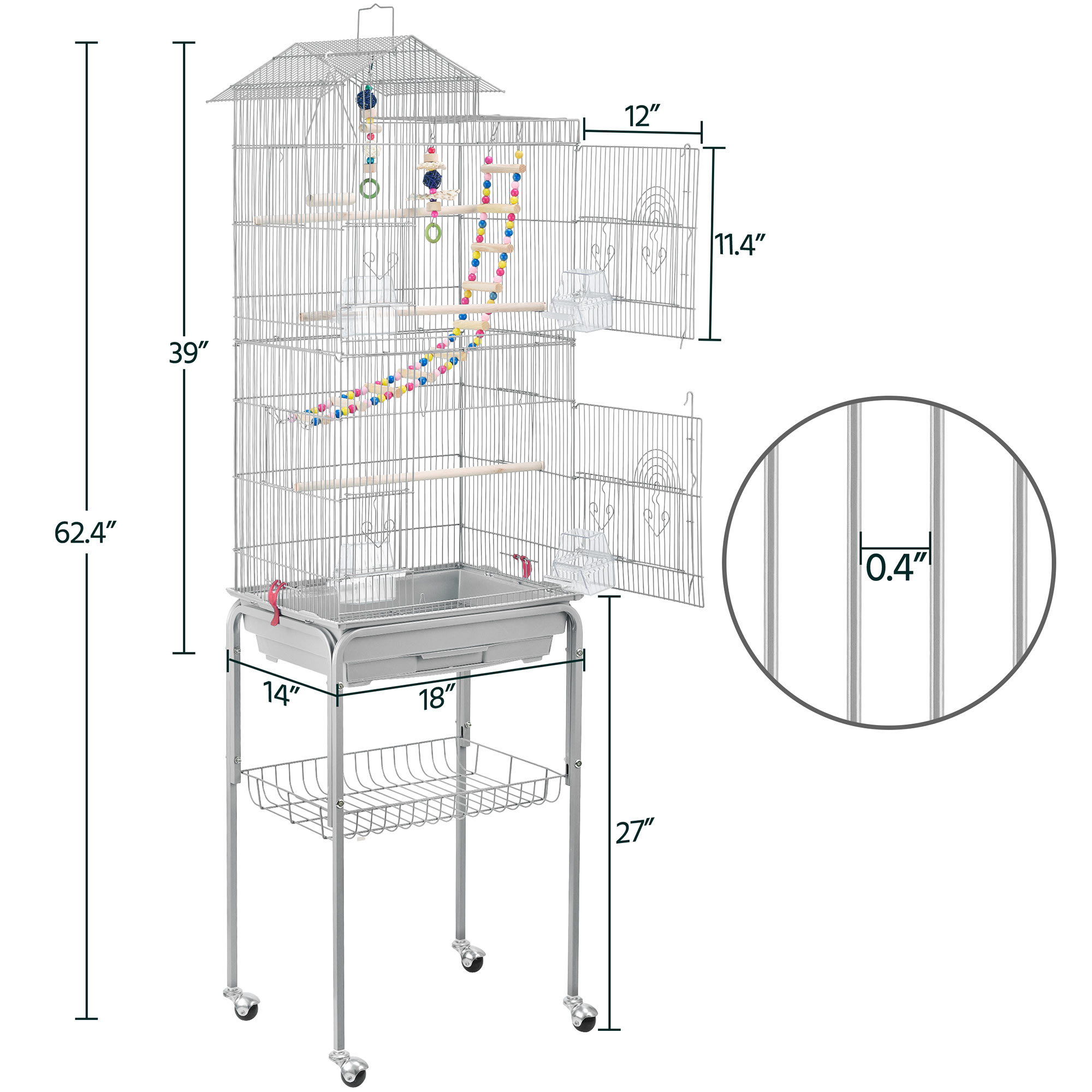 Topeakmart Light Gray Metal Bird Cage with Ladder Toy and Rolling Detachable Stand, 62.4" H
