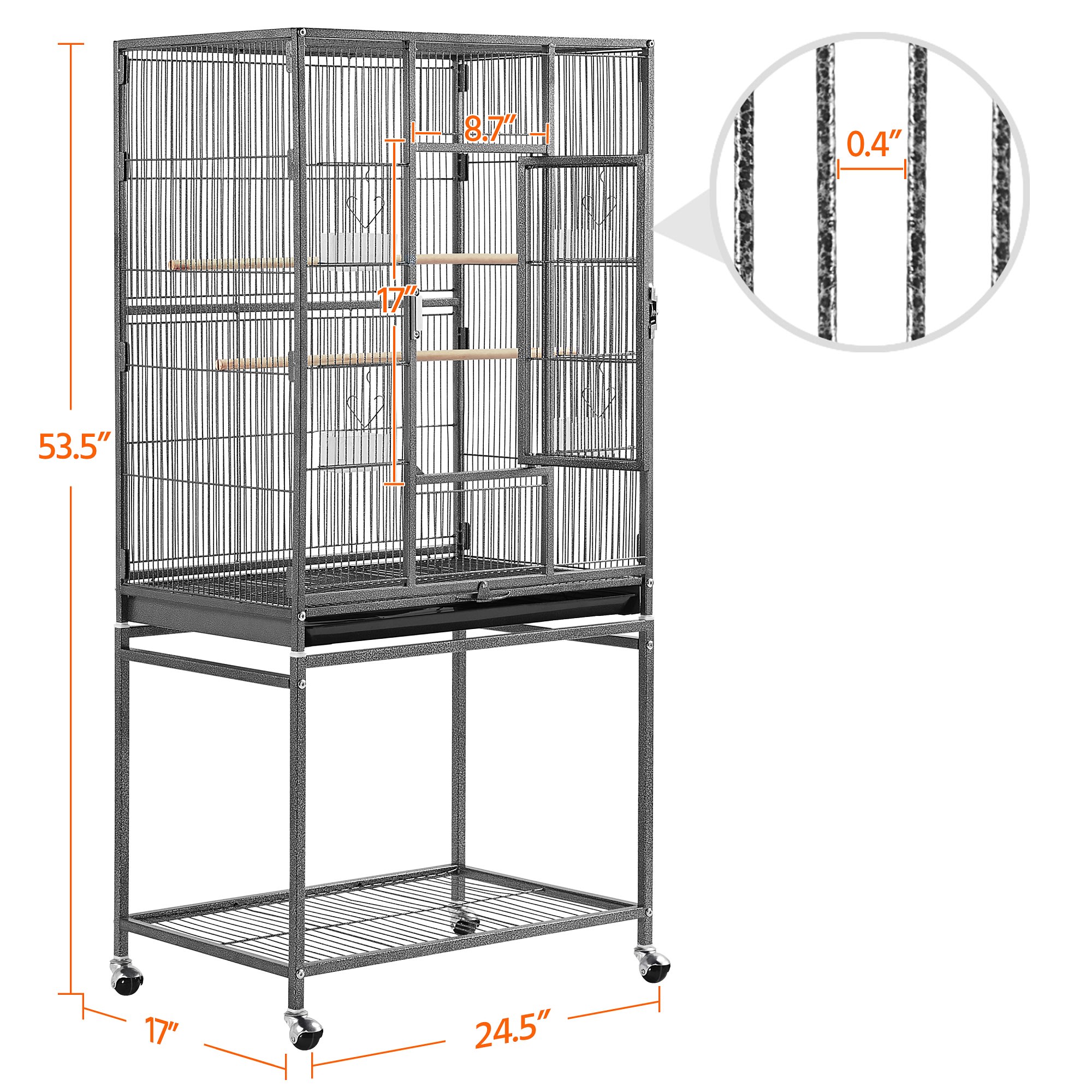 Topeakmart Hammered Black Metal Bird Cage with Rolling Detachable Stand, 53.5" H
