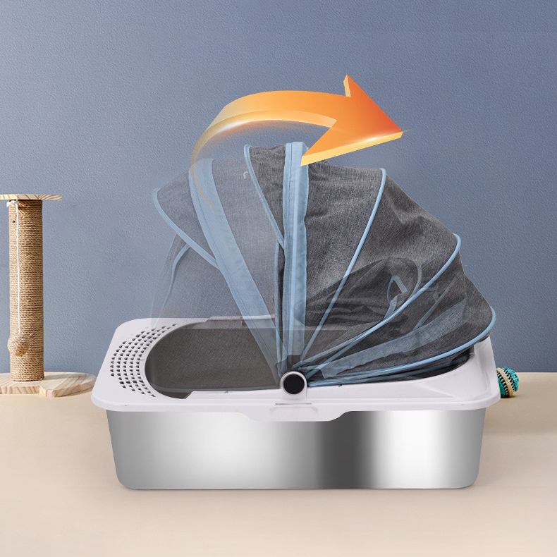 2024 New Eco-Friendly Semi Enclosed Pet Supplies Factory With Lid Sliding Scoop Portable Stainless Steel Cat Litter Box