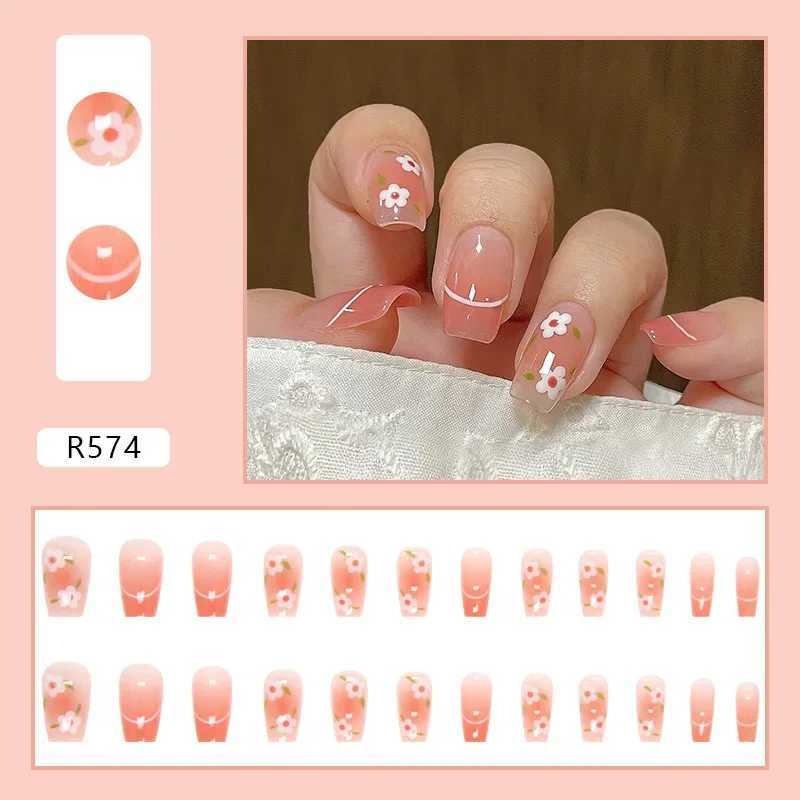 Powder wearable pink pressed fake nail tip adhesive fake nail design butterfly cute girl fake nailW241125