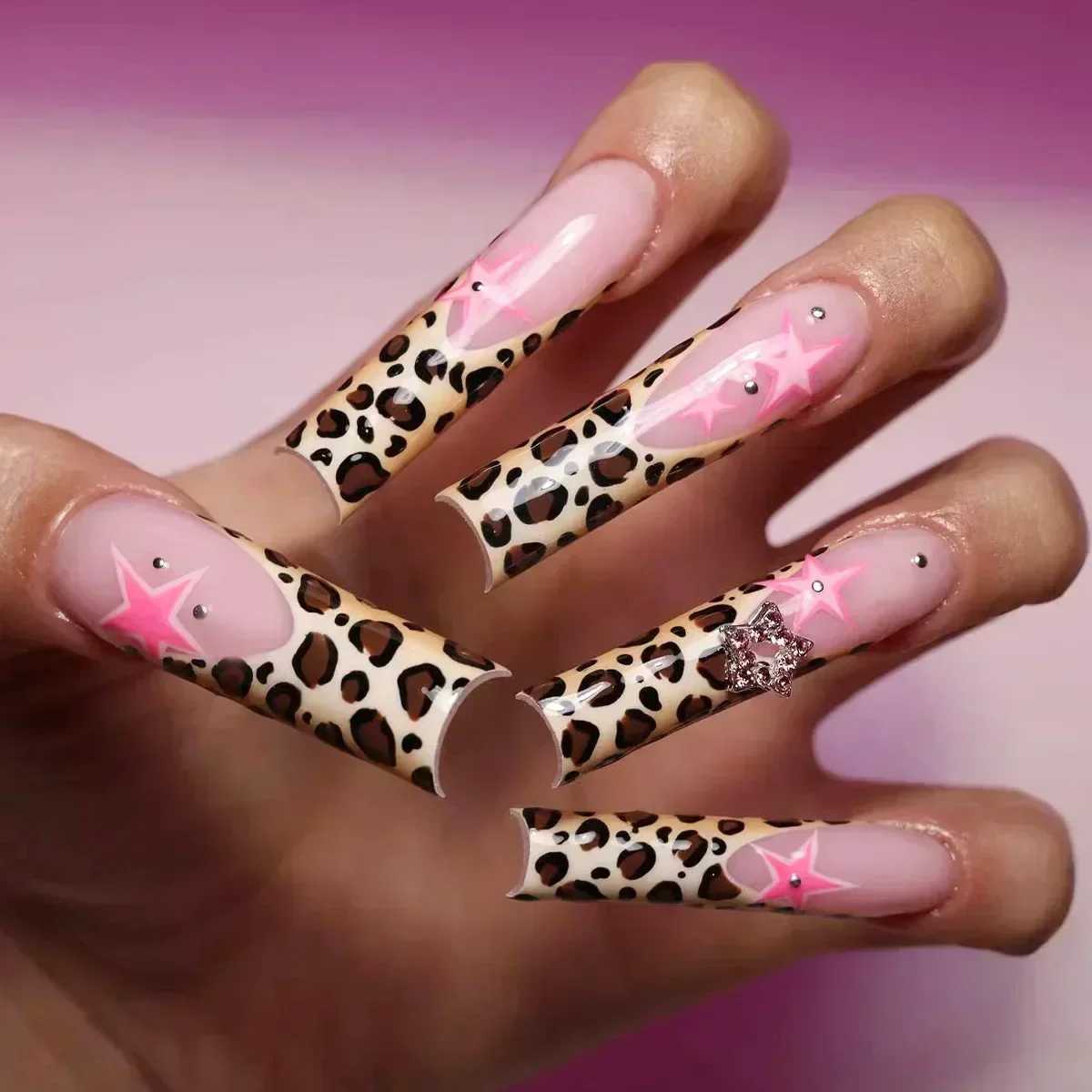 Luxury 24 Pieces Long Coffin Glue Wearable Brown Fake With Rhinestones Ballet Pressed Nails Full Set maquillaje Of Nail Tips H260209