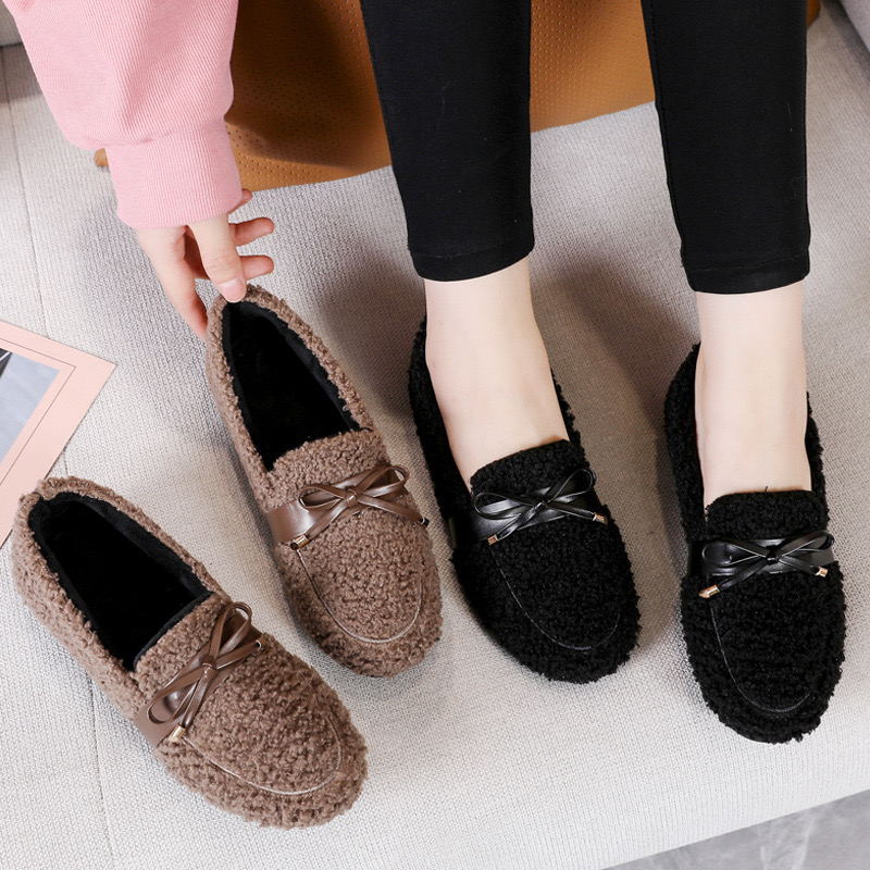 curly sweet bowtie fur 3e367 flat shoes woman warm plush moccasins brand designer New lamb wool flats women cotton loafers big size 43 s