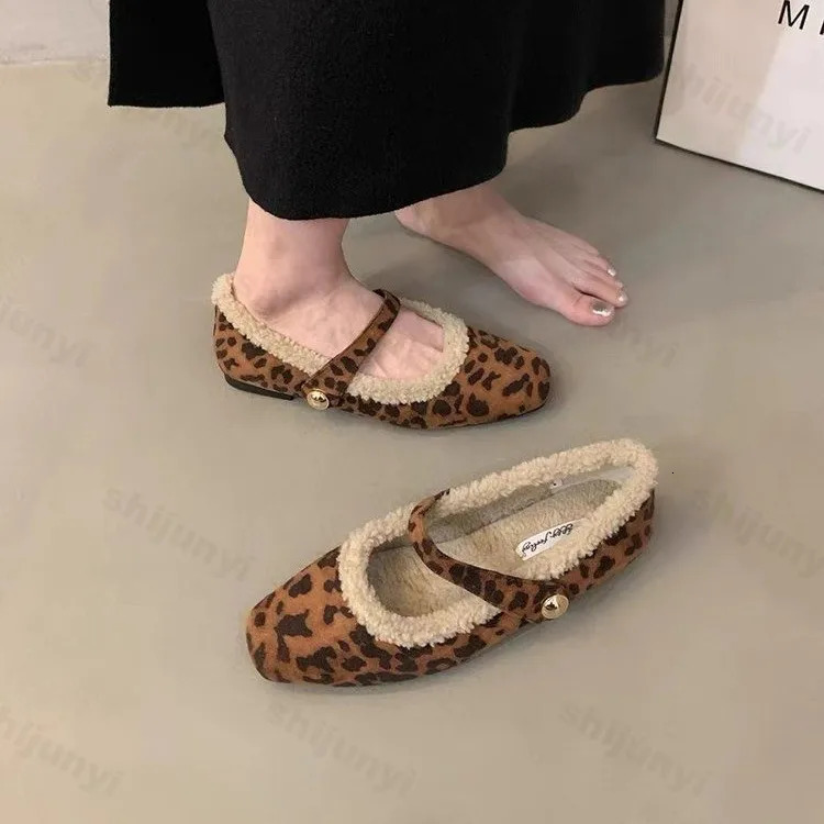 Square Toe Cosy Lambs Wool Ballet Flats Woman Warm Teddy Fur Mary Jane Shoes Ladies Leopard Elegant Fluffy Plush Loafers 241125