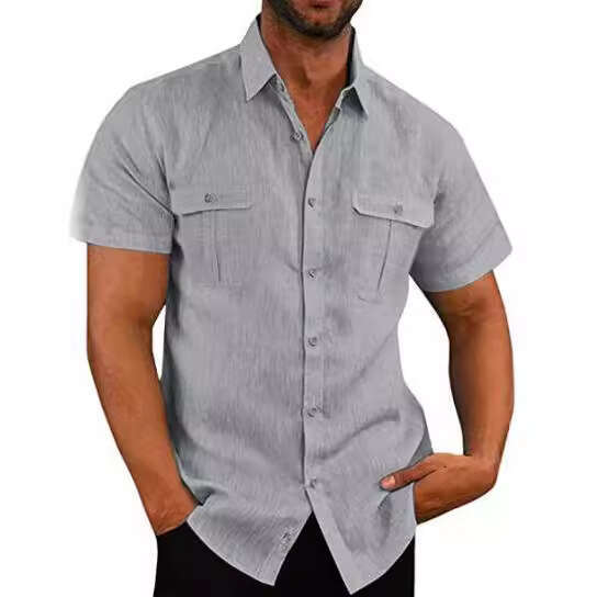 European American Men's Shirt With Double Pockets, Cotton And En Short Sleeves, Casual Vacation In 7 Colors