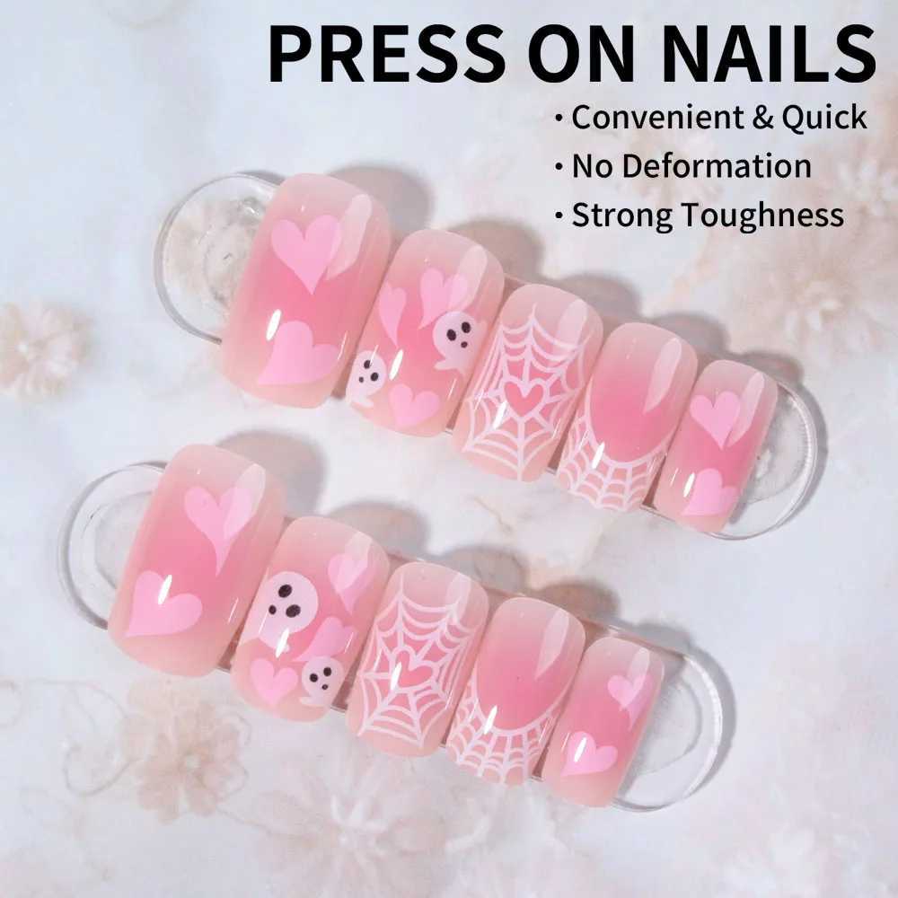 24 pieces of short square Halloween inspired fake nails painted ghosts cobweb and love designs all covered with pressed nailsW241125