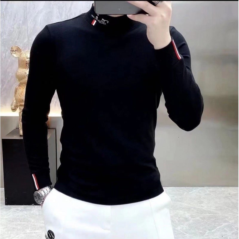 Winter thick and warm mens long sleeved T-shirt fashionable slim fit casual plain collar bottom shirt breathable floral top 241118CJ