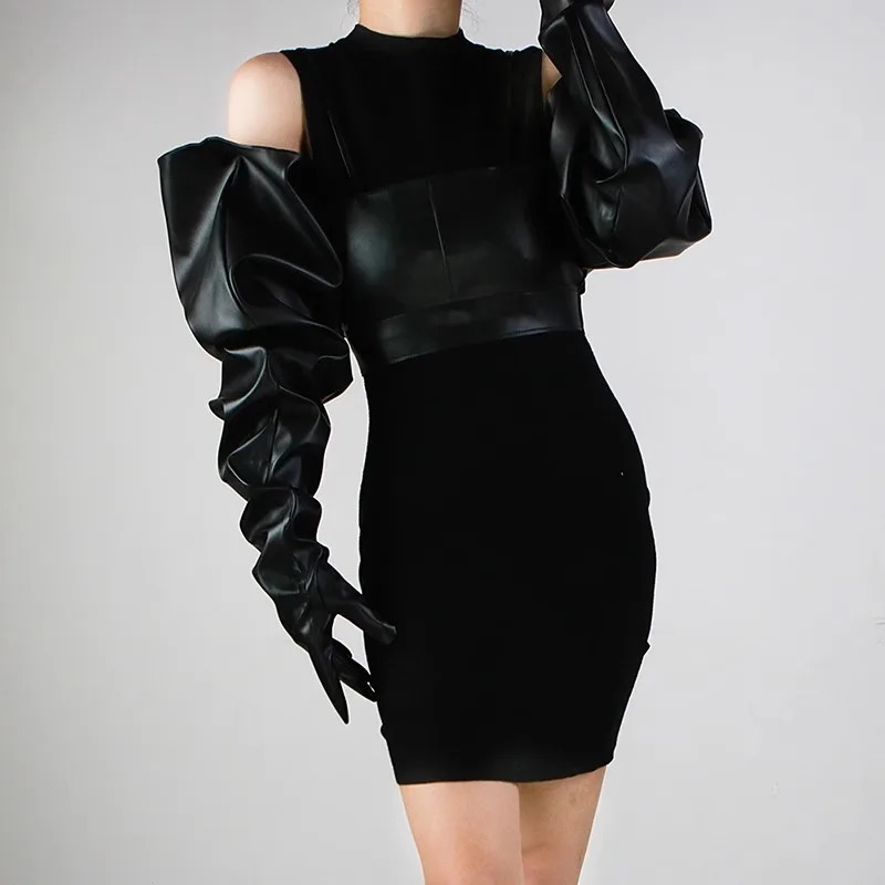 Womens Fashion Wide Sleeve PU Leather Glove Female Spring Autumn Winter Driving Pograph Performance Party Glove 85cm R1270 241125