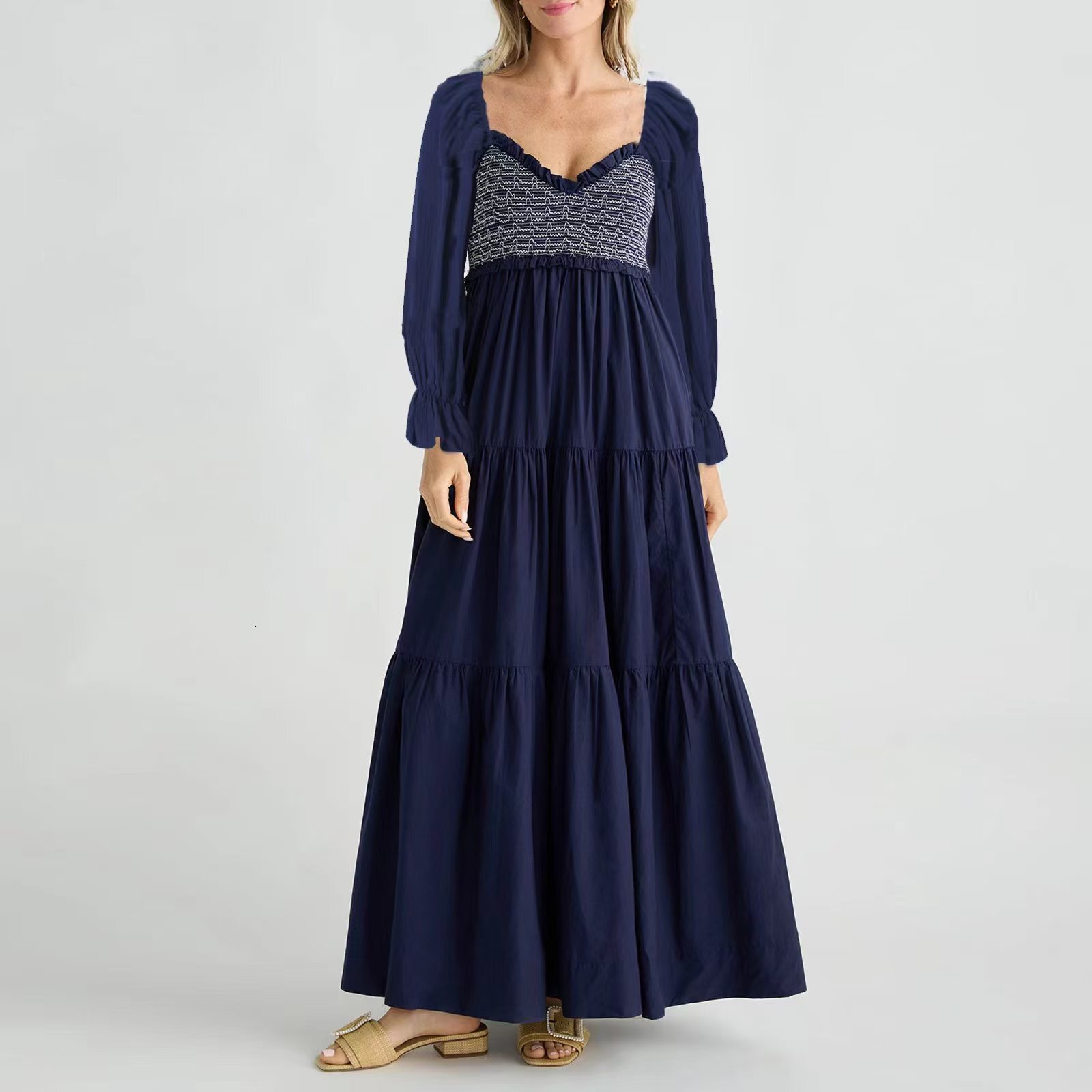 Women's Hot Item Long Sleeved Pleated Layered Black Fungus Edge Big Swing Dress