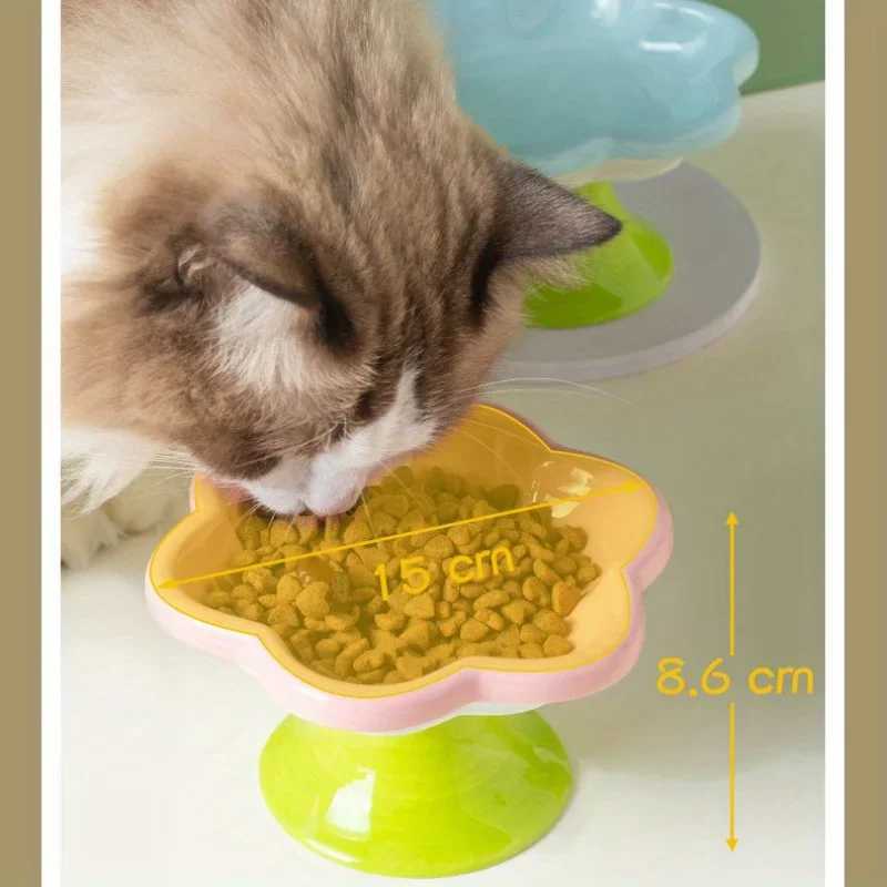Ceramic Raised Cat Bowl with Flower Design Elevated Neck Protection Ergonomic Durable Cutlery for Food Water Cute Dog BowlXJ241125