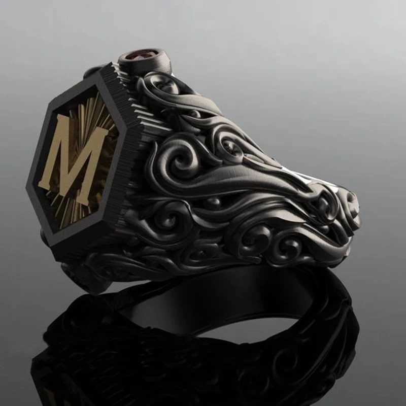 Band Rings Classic Retro Black Men Gold Color Carving M Letter Signet Steampunk for Birhday Gift Party Gothic Jewelry H240425