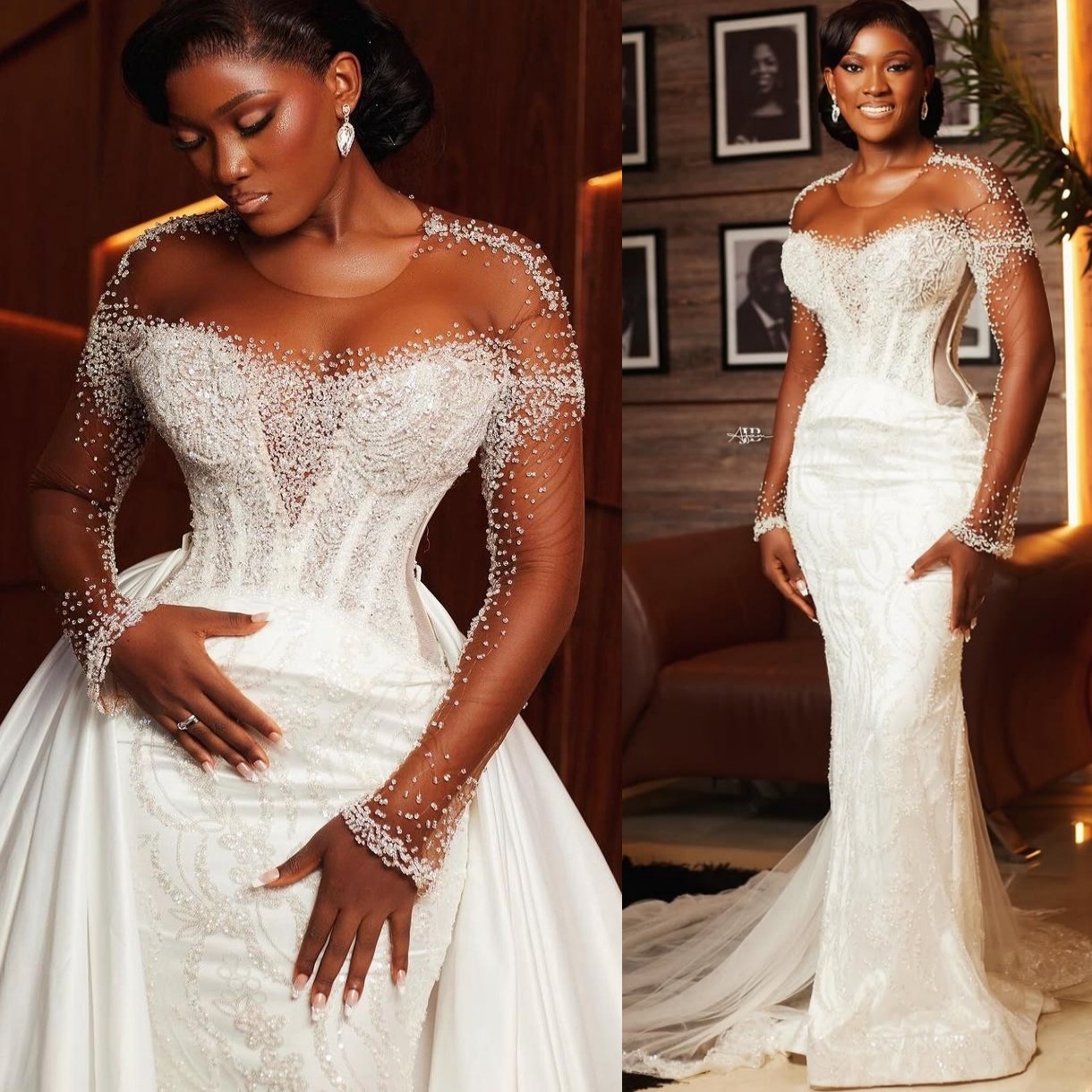 2025 Arabic Aso Ebi Plus Size Ivory Mermaid Wedding Dresses Beaded Full Sleeves Detachable Train Sequined Lace Vintage Bridal Gowns Dress ZJ202