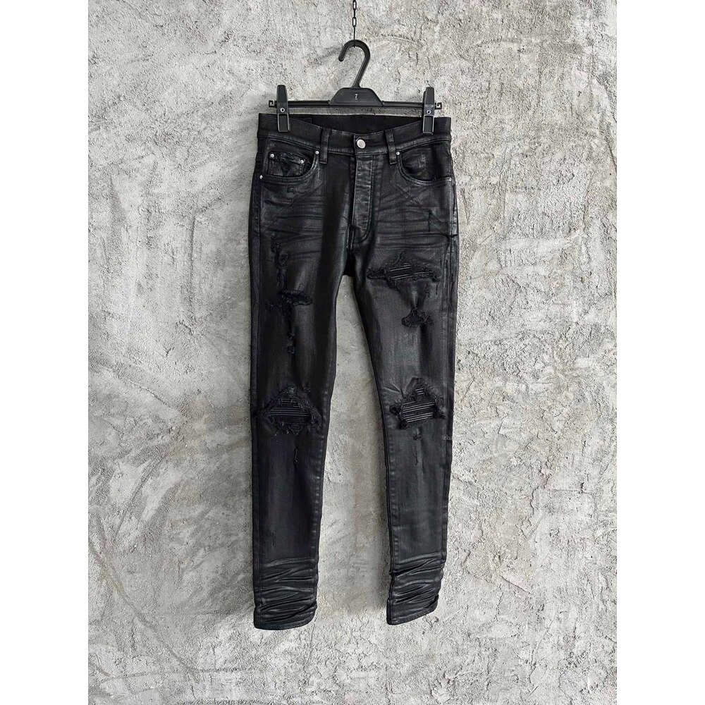 Men's Jeans men leather ribbed patch distressed stretchy skinny wax black jeans 230718