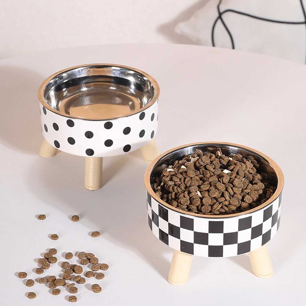 1PC Simple Polka-Dot Plaid Stainless Steel Pet High Bowl Easy To Clean Water Bowl Cat And Dog Feeding BowlXJ241125