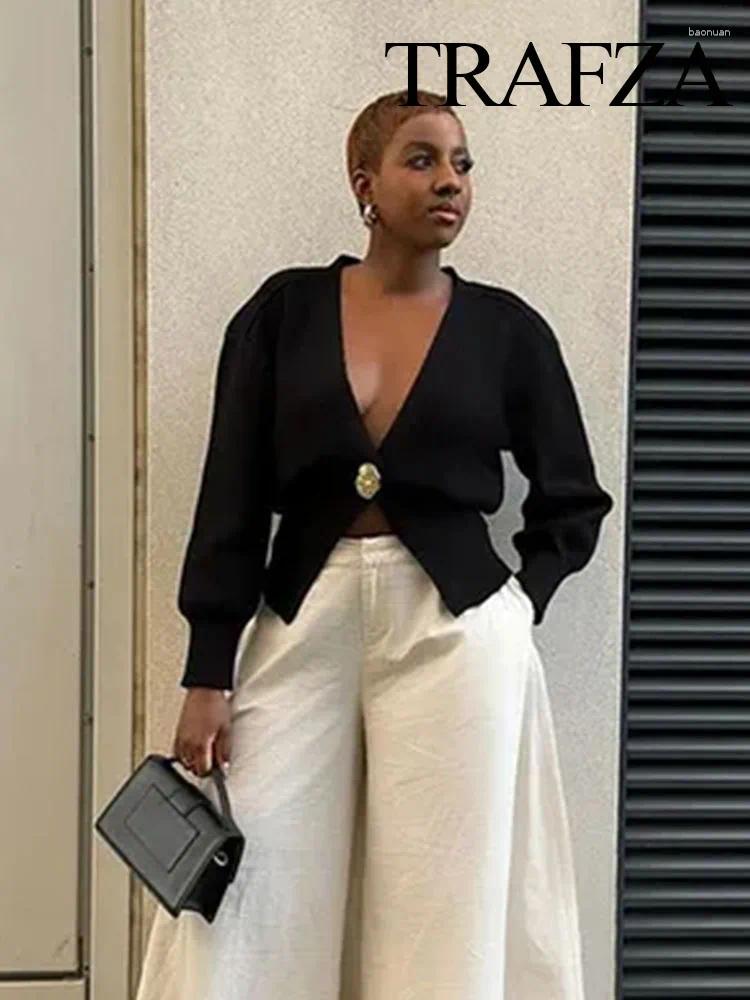 Women's Knits TRAFZA Women Autumn Single Button Deep V-Neck Knitted Cardigan Woman Elegant Long Sleeves Slim Casual Sweater High Street Coat