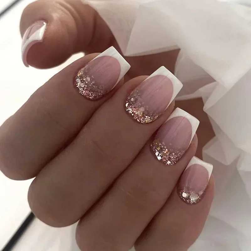 24pcs Simple Gradient Fake Nail French Sparkle Ballet with rhinestones wearable fake nails full set of nail tip pressing artW241125