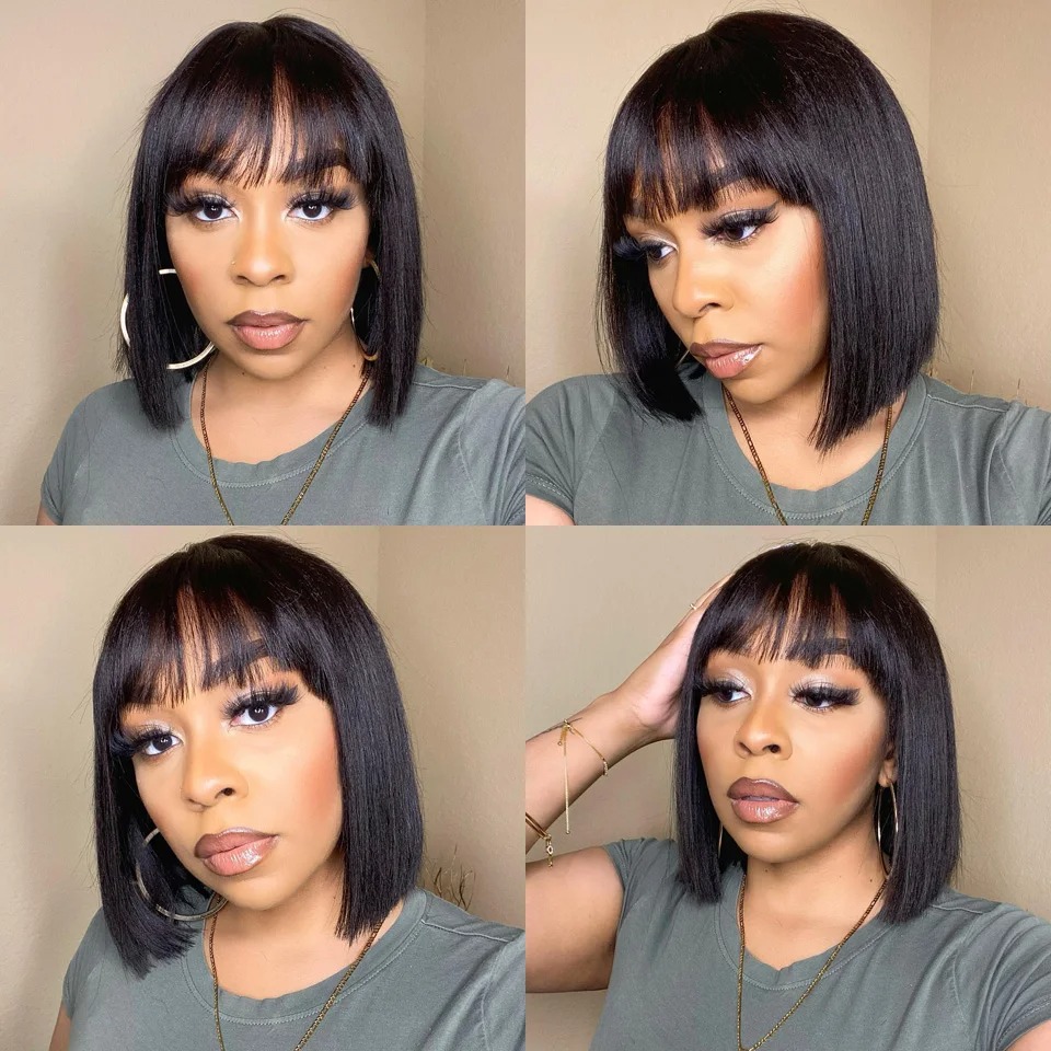 Short Glueless Human Hair Baby Straight Bob Wigs With Bang Hine Made Wig Perruque Cheveux Humainr BOBO Hair