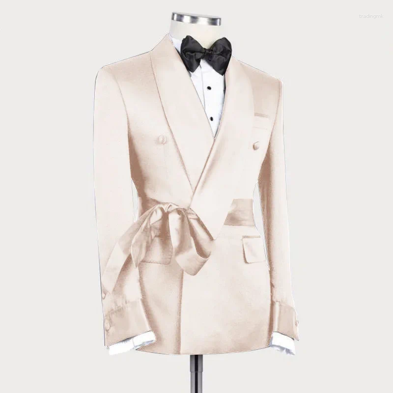 Men's Suits Fashion Shawl Lapel Men Jacket With Belt Elegant Solid Prom Party Banquet Coat Slim Formal Chic Groom Wedding Tuxedo Blazer