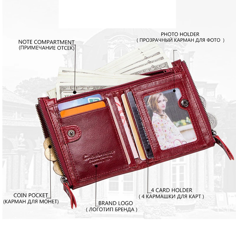 Fashion genuine leather womens wallet double fold wallet red ID card clip coin wallet double zipper small womens wallet 241125