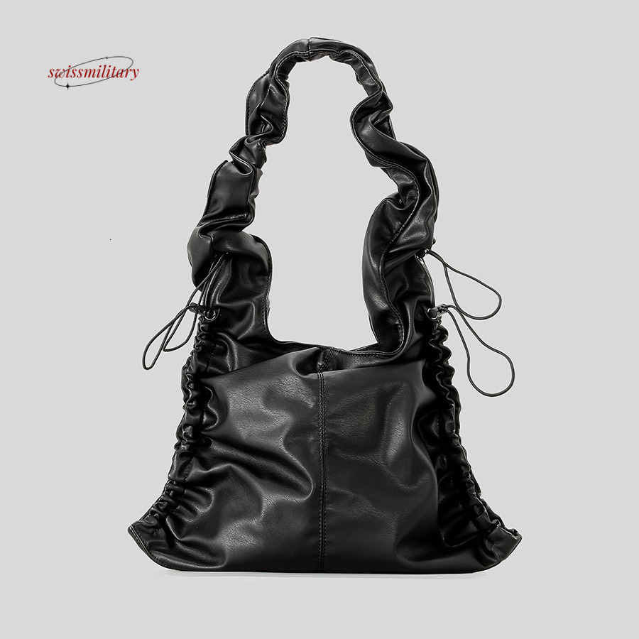 Vintage Ruched Drawsting Women Shoulder Bags Casual Hobos Lady Handbags Pu Leather Underarm Bag Y2K Tote Purses 2024#79 swissmilitary