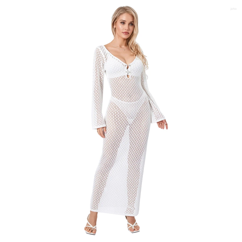 Backless Hollow Out Crochet Beach Long Dress Womens Sexy See-Through Sleeve V Neck Wrap Bodycon Bikini Cover-ups