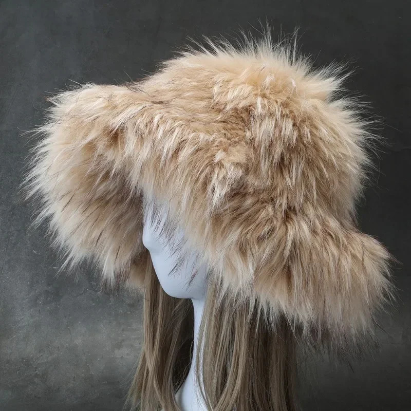 Womens fluffy faux fur bucket hat retro plush and warm oversized Y2K fisherman hat thick raccoon fur winter hat 241125