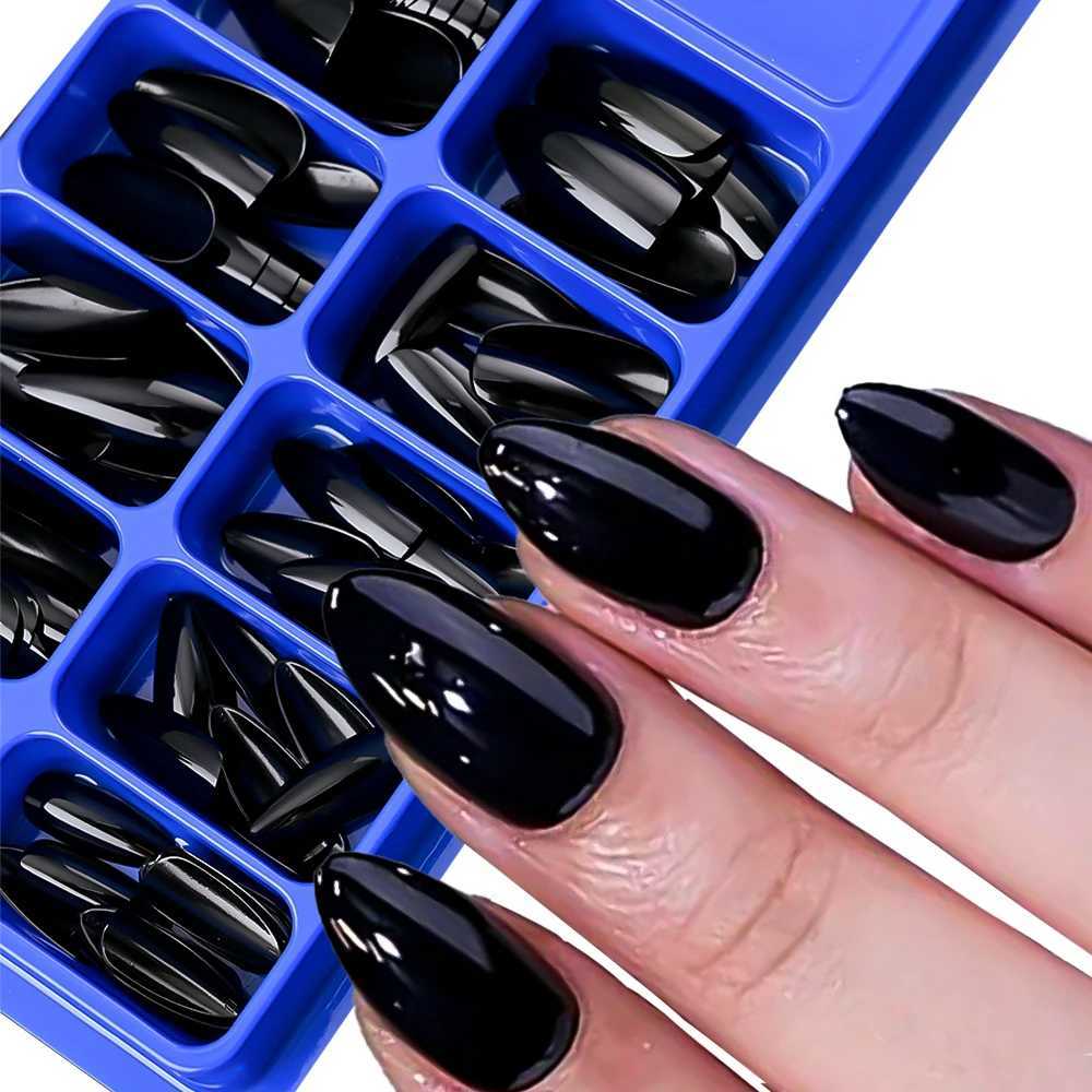 100pcs Black Almond Fake Nail Mid-length Solid Color Artificial Nail Removable Press On Nails Tip Almond Nail Art False NailW250120