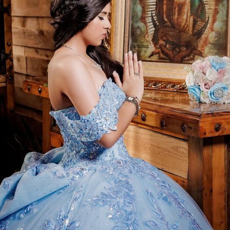 Sky Blue Quinceanera Dresses Off The Shoulder Lace Appliques Bow Beads Corset Party Birthday Vestidos De 15 Anos Sweet 16 Dress