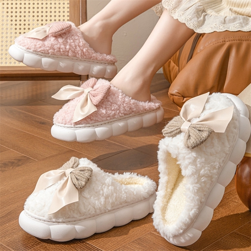 Winter Warm Fur Slippers for Women Cute bow House Non Slip Soft Shoes Comfort Flat Heel Home Indoor Bedroom Plush Slippers 241125