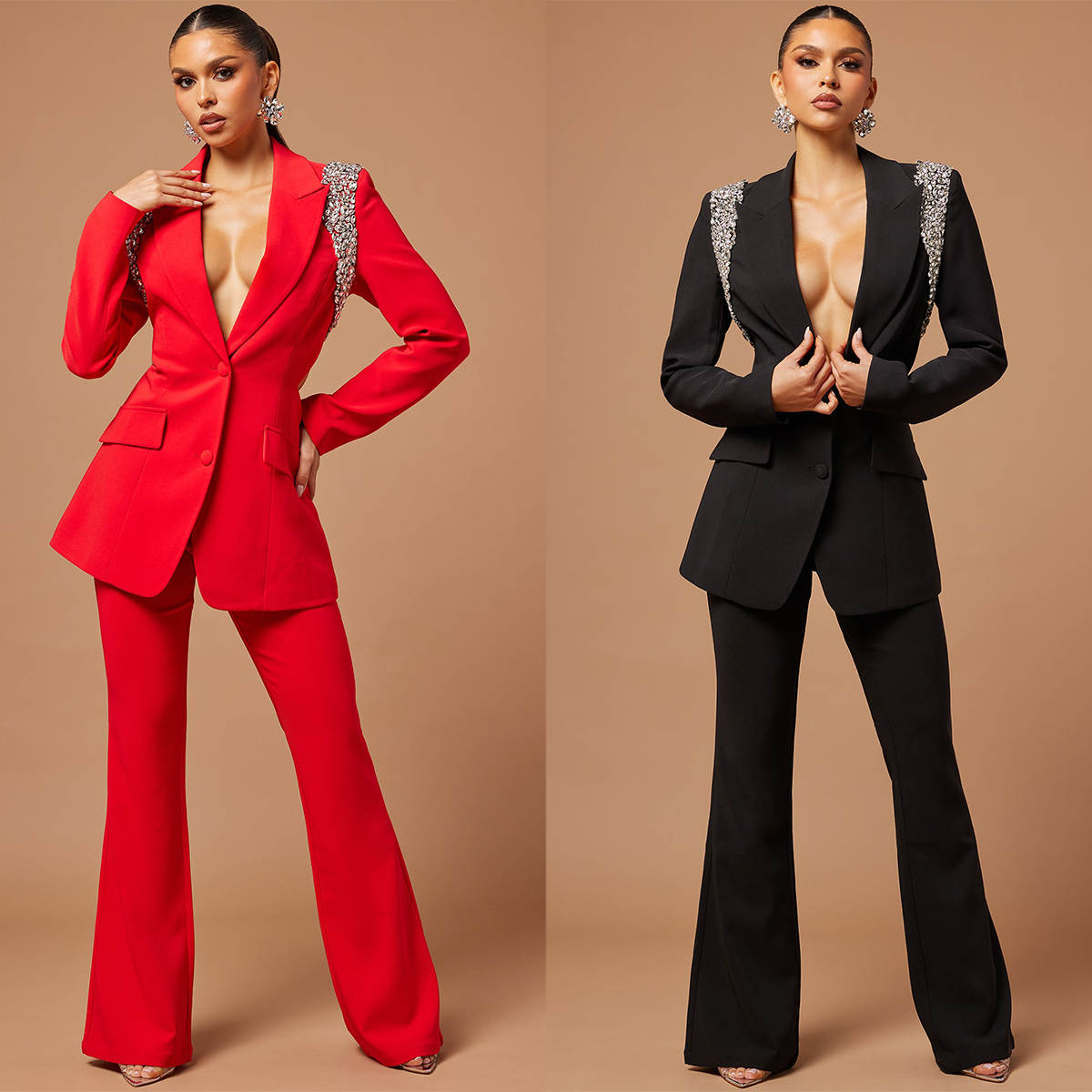 Sexy Women Suits Crystal Single Breasted Blazer Ladies Outfits Fit Mother Of The Bridal Suit 2 Pieces Sets Pants Coat Customized