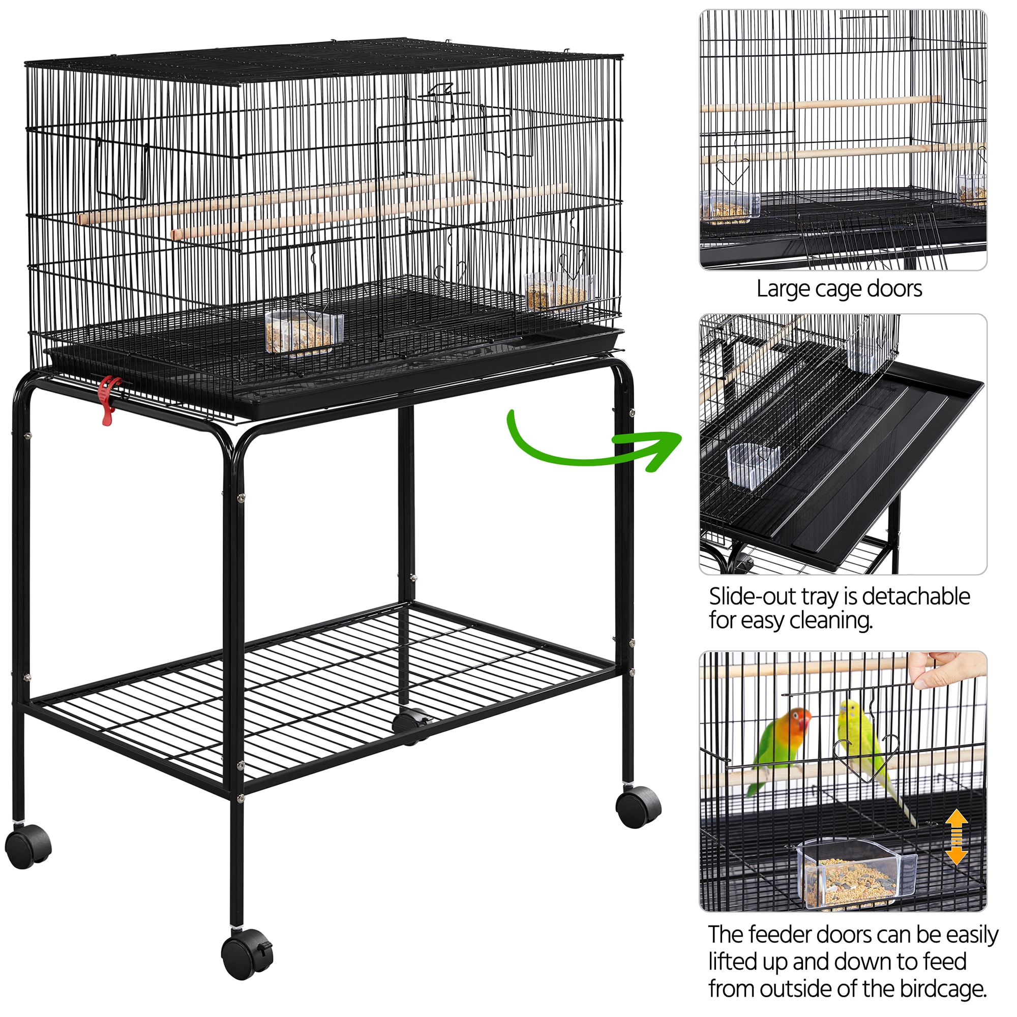 Topeakmart Black 47" Flight Cage with Slide-Out Tray and Rolling Detachable Stand for Birds