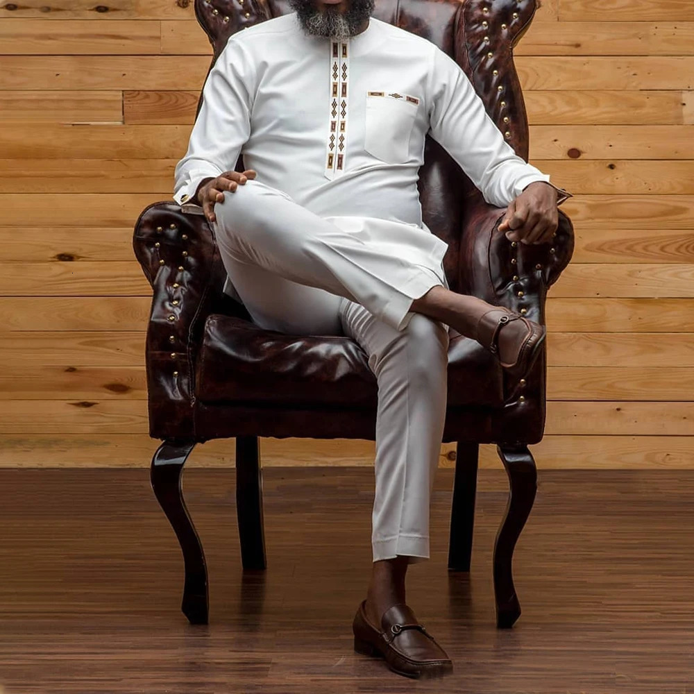 Summer Dashiki National Dress African Mens Printed Top And Trousers Suit Wedding Dress Sunday Prayer Casual Slim Suit 240419