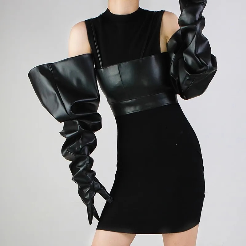 Womens Fashion Wide Sleeve PU Leather Glove Female Spring Autumn Winter Driving Pograph Performance Party Glove 85cm R1270 241125