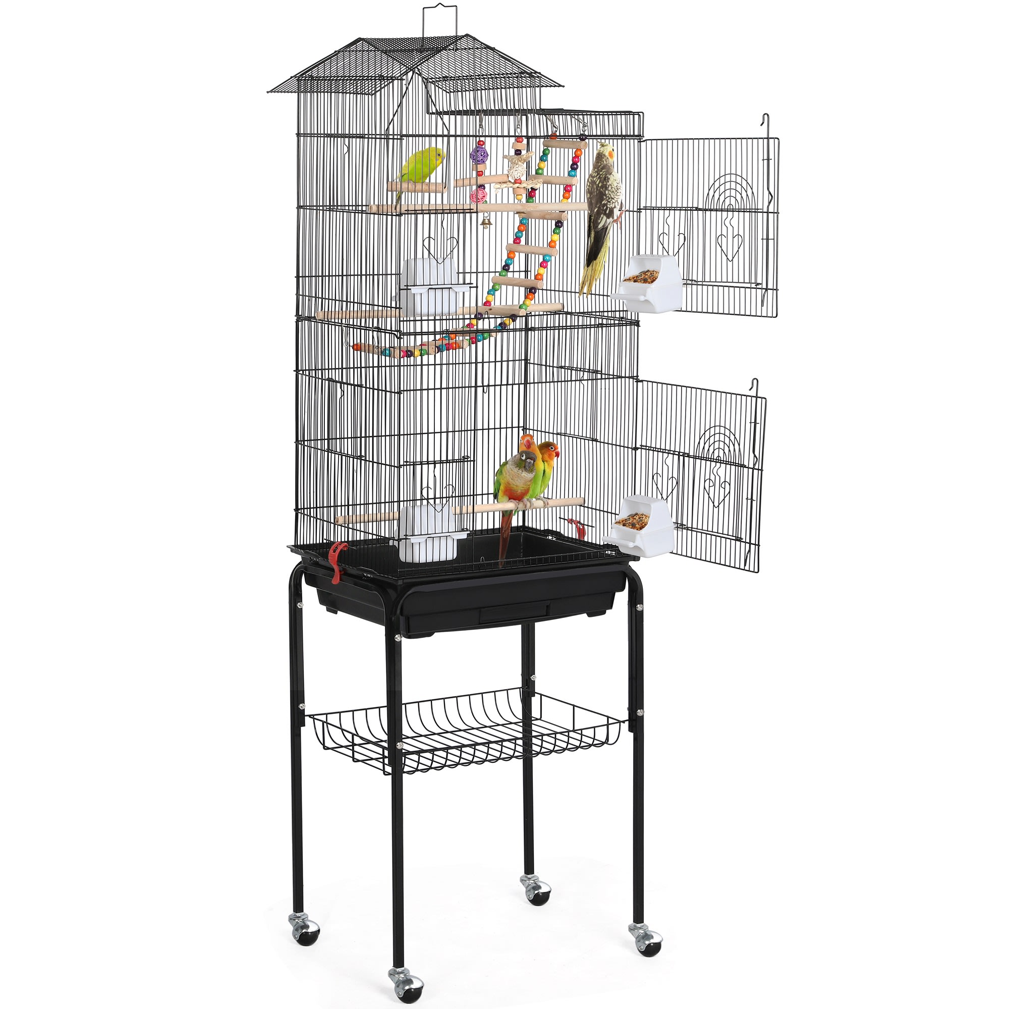 Topeakmart Black Metal Bird Cage with Ladder Toy and Rolling Detachable Stand, 62.4" H