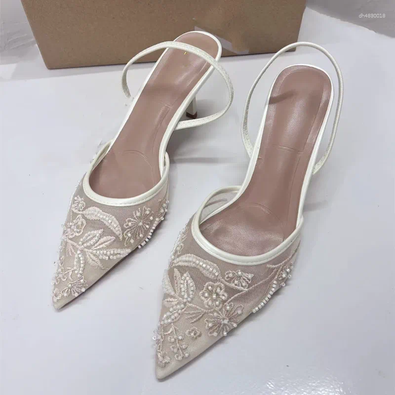 Embroidered Mesh Women's Open Heel Stiletto Pumps - Hot Sexy Pointed Toe High Heels Sandals Mules For 2024 -