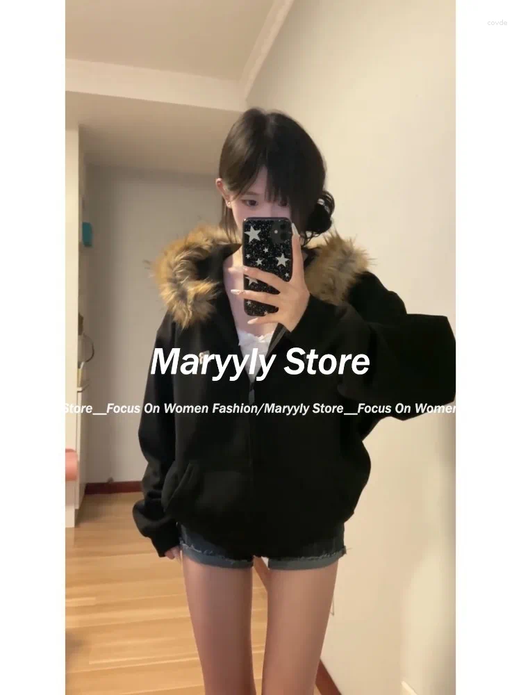 Women's Hoodies Autumn Winter Women Black Zip Up Vintage Korean Preppy Style Faux Fur Coat Oversized Casual Sweatshirt Haruku Jacket