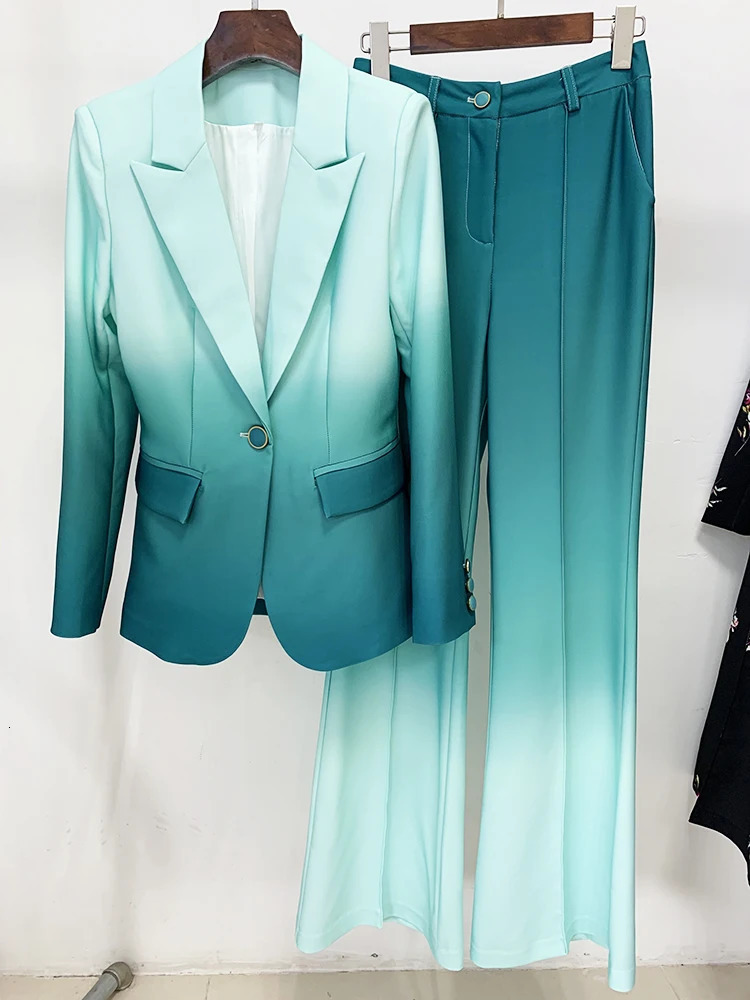 HIGH QUALITY est Fashion ner Suit Set Womens Single Button Blazer Gradient Color Printed Flare Pants 2pcs 241121