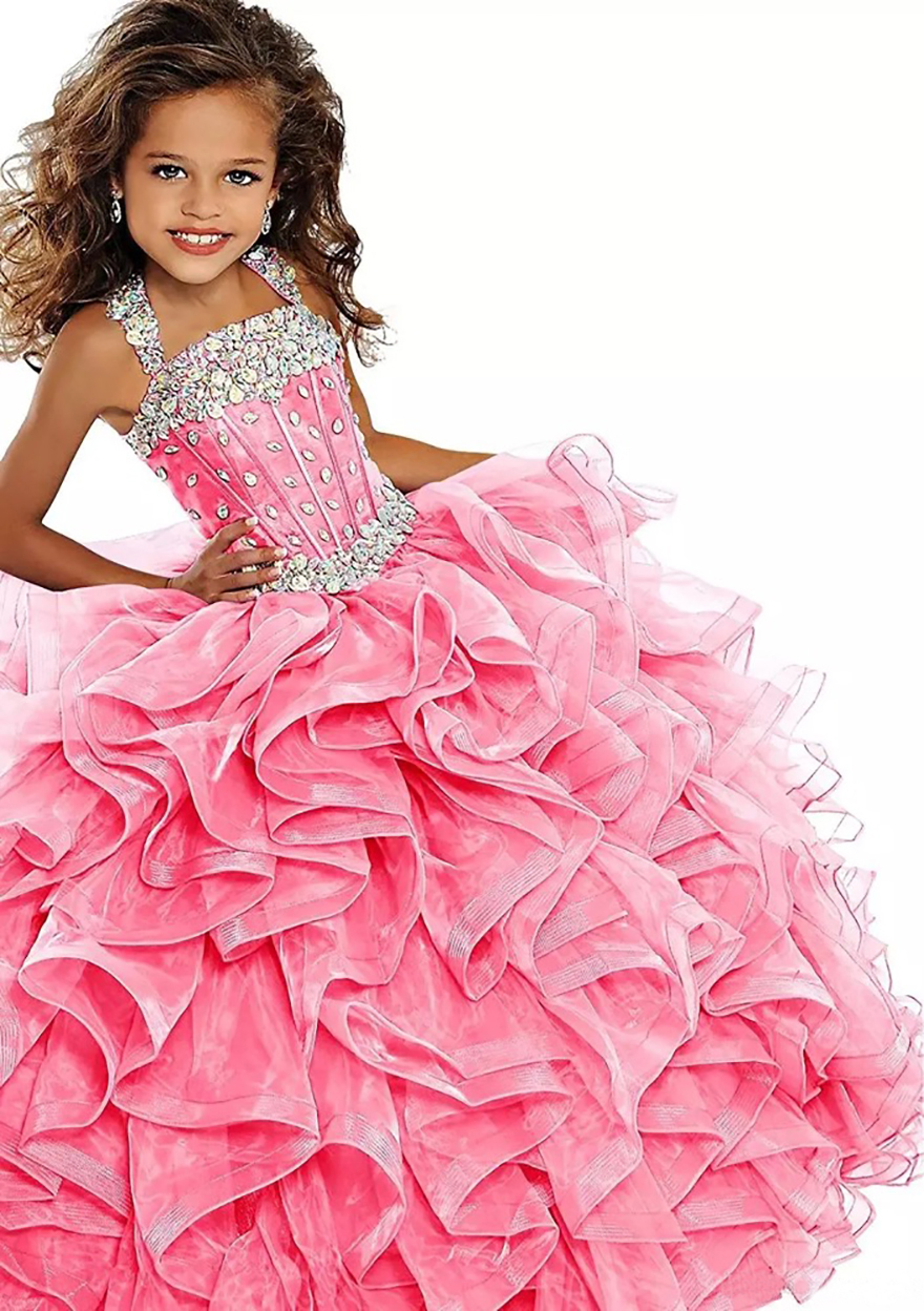 Pink Green Girls Pageant Dress Ball Gown Long Turquoise Organza Crystals Ruffled Flower Girls Birthday Party Dresses For Junior