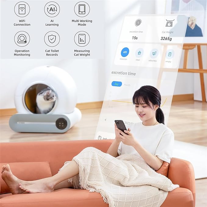 Smart Automatic Cat Toilet 65L Large Capacity Self-Cleaning Cat Litter Box APP Controlled with Tofu Bentonite Clay Material