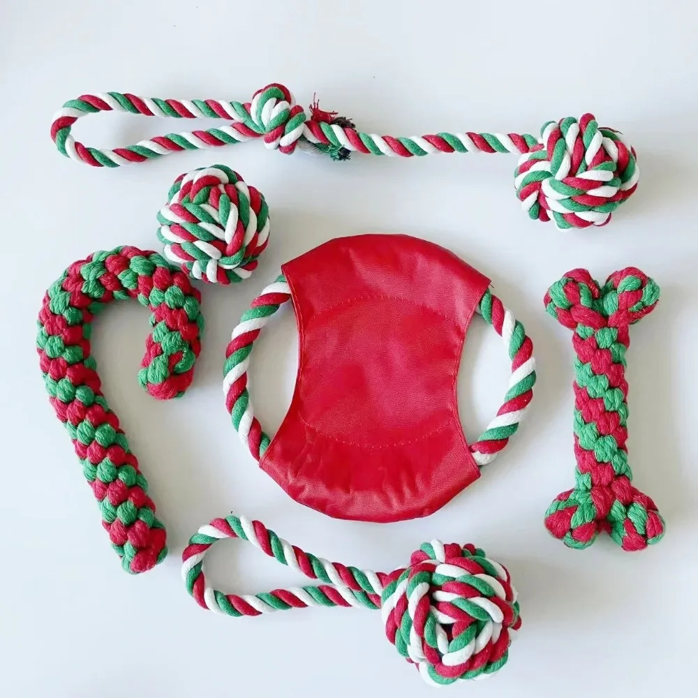 Christmas Dog Toy Pet Cotton Rope Knot Interactive Dog Toys Ball for Puppy Chihuahua Large Dogs Toothbrush Chew Dog Accessories 241125