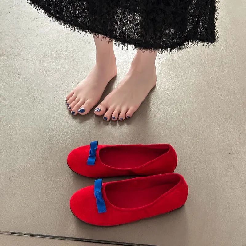 Elegant Bowknot Ballerina Women Flats Round Toe Comfort Slip-On Ladies Loafers Suede Single Mules Shoes for Woman Mary Janes 241125