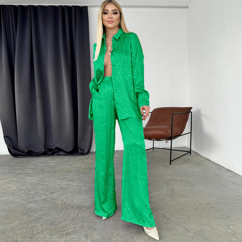 Set Of Women's Long Sleeved Lapel Shirt, Leopard Print Pants, Fashionable And Casual Two-Piece Set