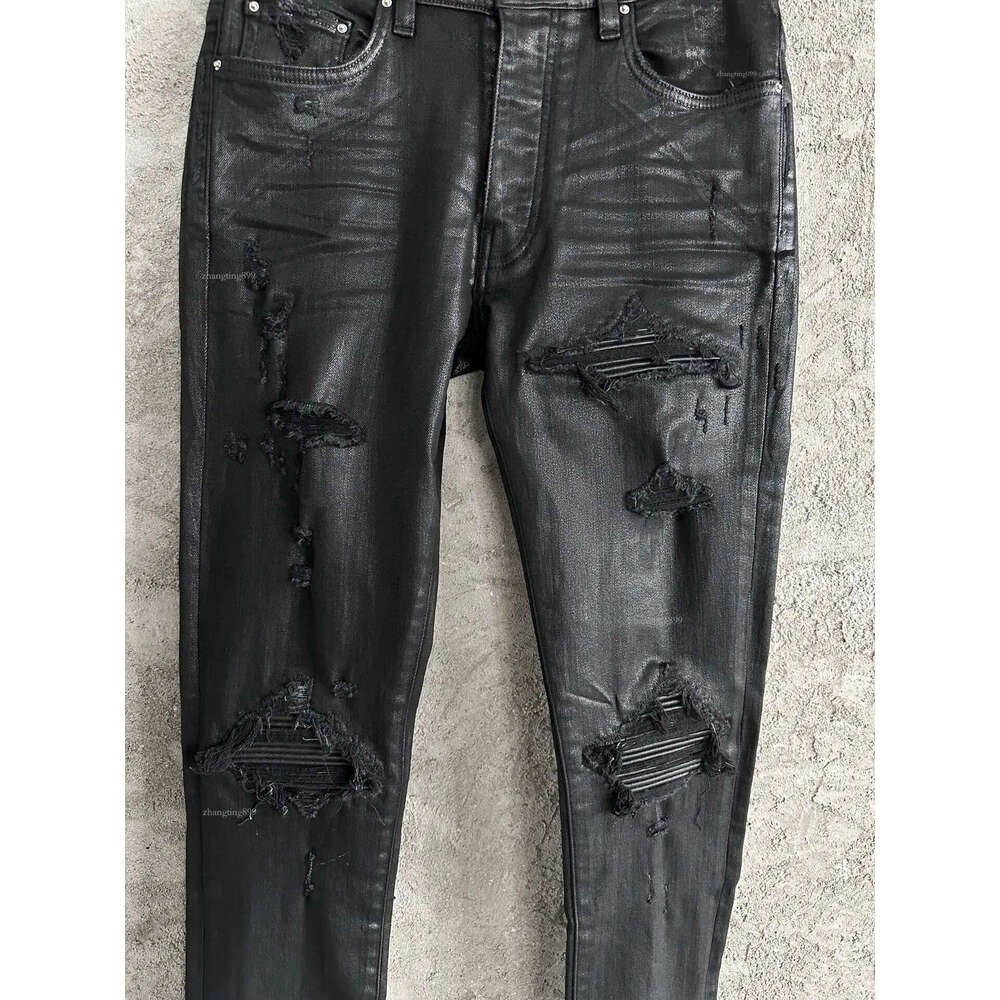 Men's Jeans men leather ribbed patch distressed stretchy skinny wax black jeans 230718