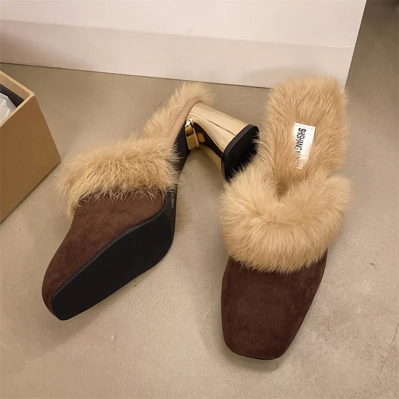 Winter Women Fur Shoes Elegant Fashion Closed Toe Mules 2024 Style Retro Versatile Soft Warm Slippers Women Flip Flops 241125
