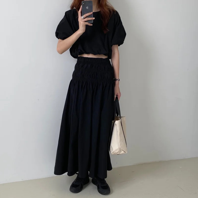 Oversized Summer Vintage 2 Two Piece Skirts Sets Women Outfits Puff Sleeve Crop Top and Elastic Waist Pleat Long Aline Skirt 240423