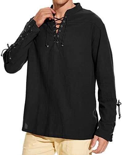 Men's New Cotton And En Henry Shirt Long Sleeved Hippie Casual Beach Stand Up Collar Ing European Size B3