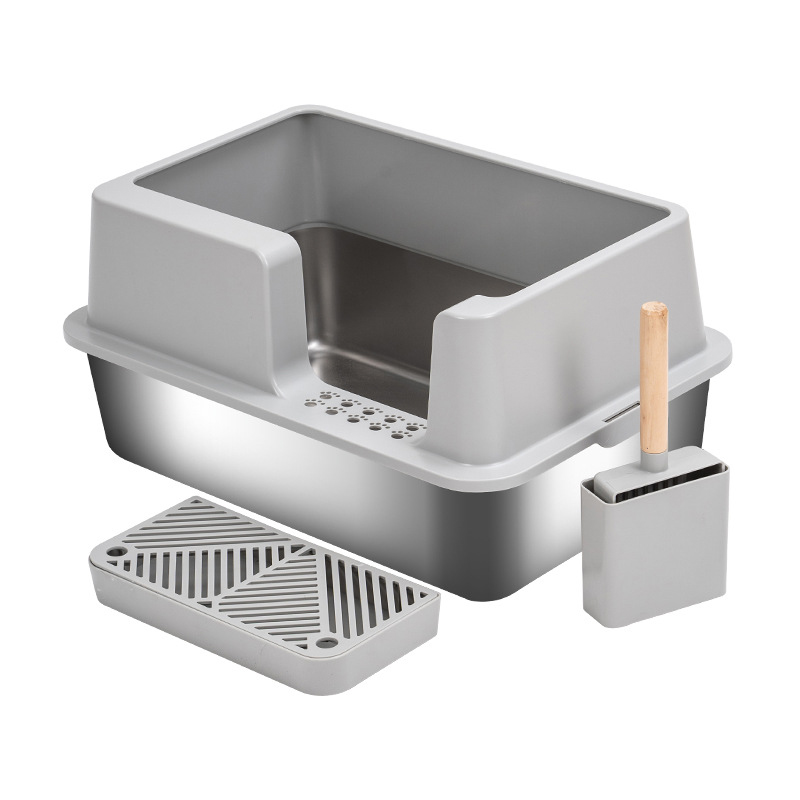 Luxury Stainless Steel Cat Litter Box Cat Litter Tray Semi-Closed With High Side Cat Litter Tray Sandbox With Scoop Pet Toilet