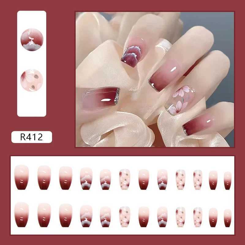 Gradient Wine Red 24 pieces press nail pink Gradient fake nail smooth artificial finger reusable fake nailW250120