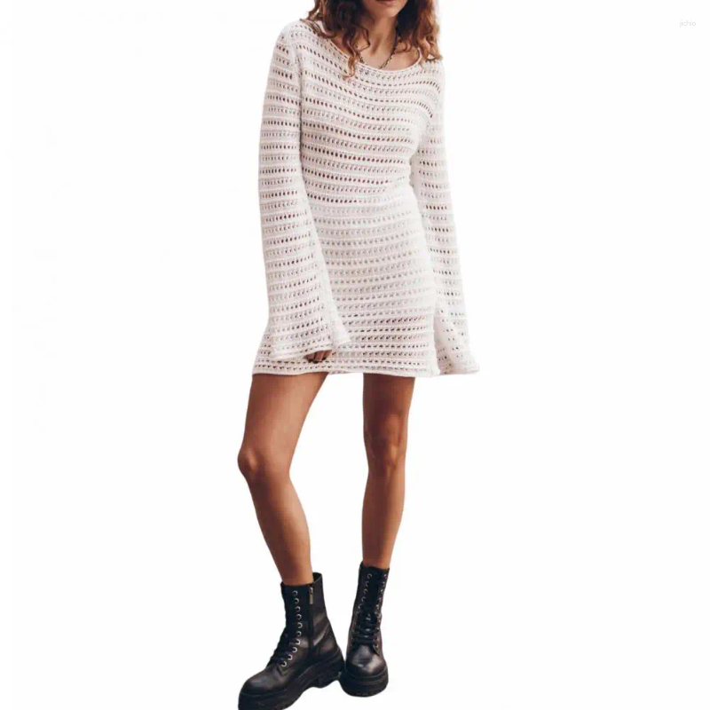 Crochet Swimsuit Cover-up Summer Beach Bikini Cutout Design Long Sleeves Backless A-line Dress